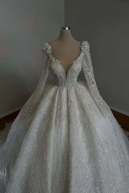 Amazing Long Princess A-line V-neck Lace Beading Wedding Dresses With Long Sleeves