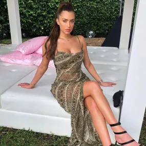 Animal Print Cowl Sheer Chiffon Slit Slip Maxi Dresses - Snake