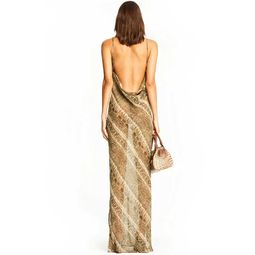 Animal Print Cowl Sheer Chiffon Slit Slip Maxi Dresses - Snake