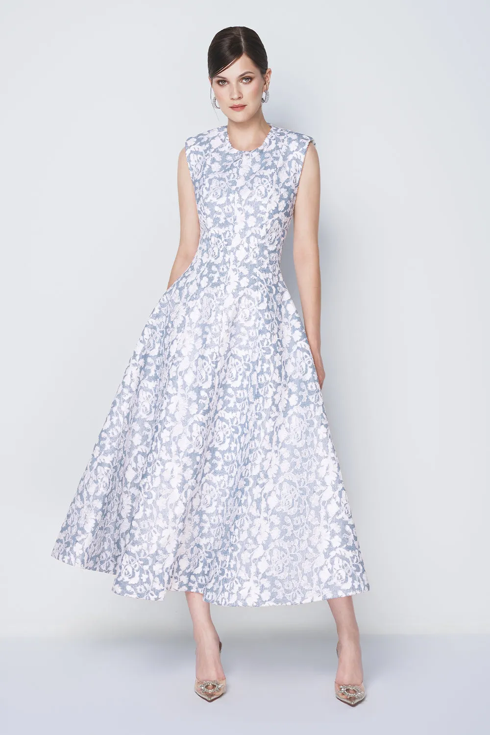 Azure Dream Fit and Flare Sleeveless Taffeta Midi Dress