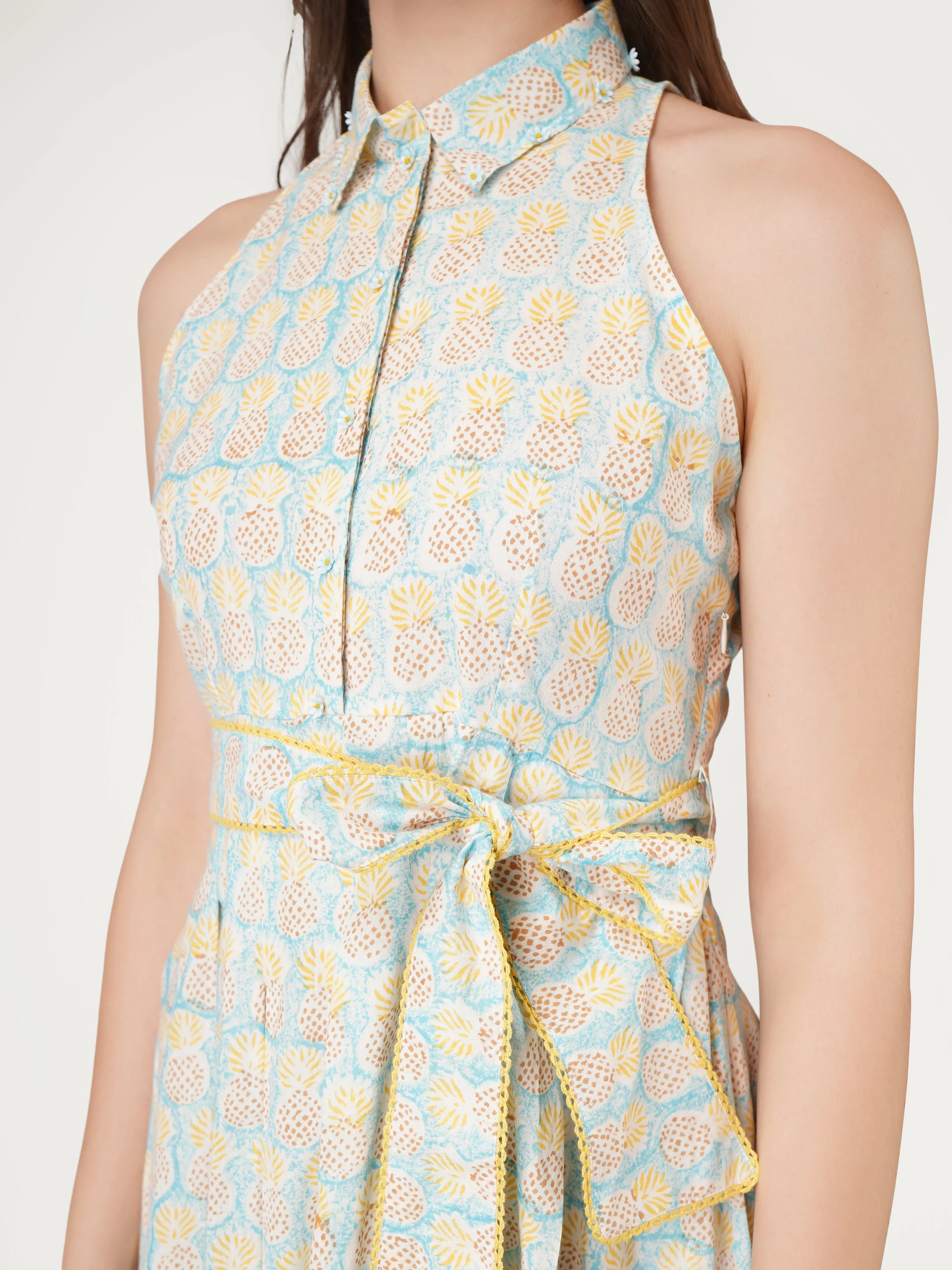 Blue Cotton Halter Collar Neck Dress