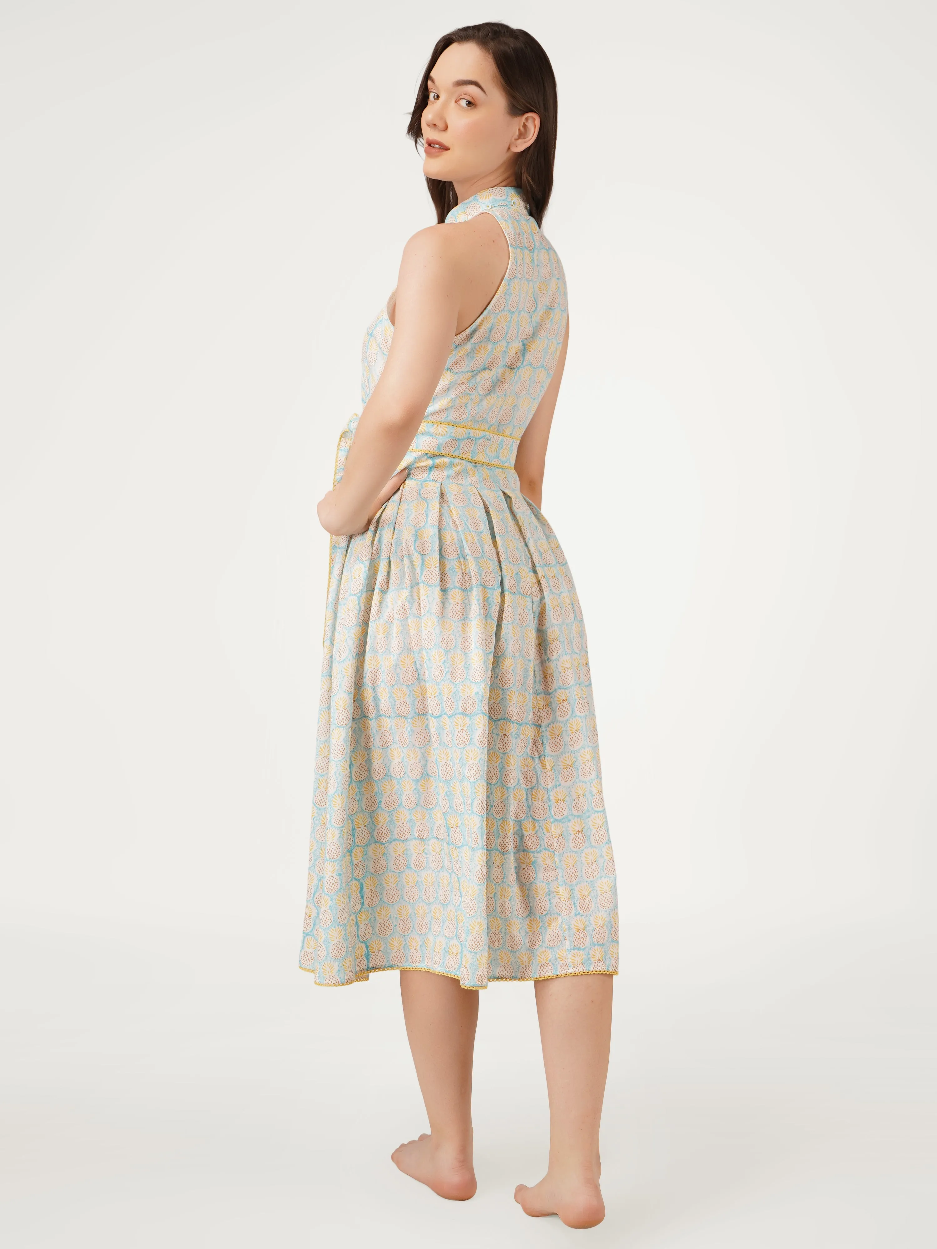 Blue Cotton Halter Collar Neck Dress