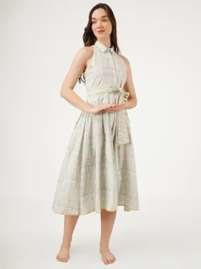 Blue Cotton Halter Collar Neck Dress