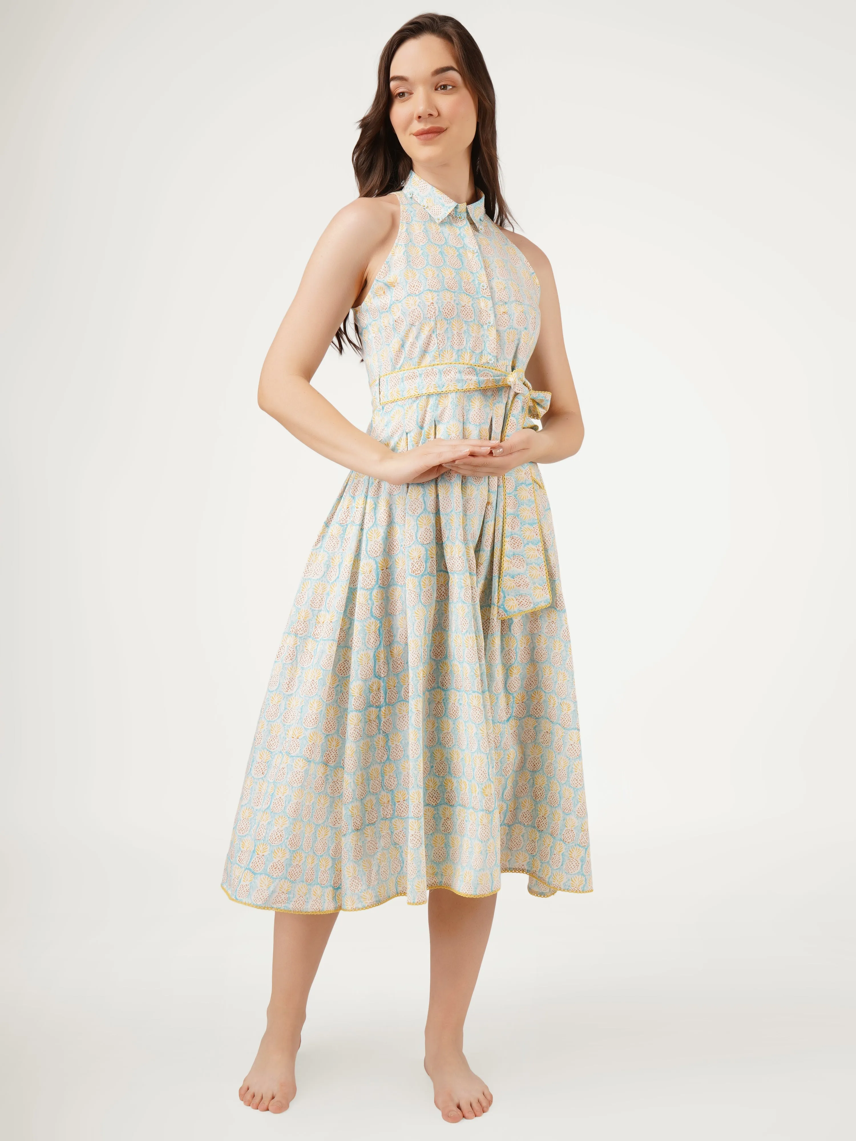 Blue Cotton Halter Collar Neck Dress