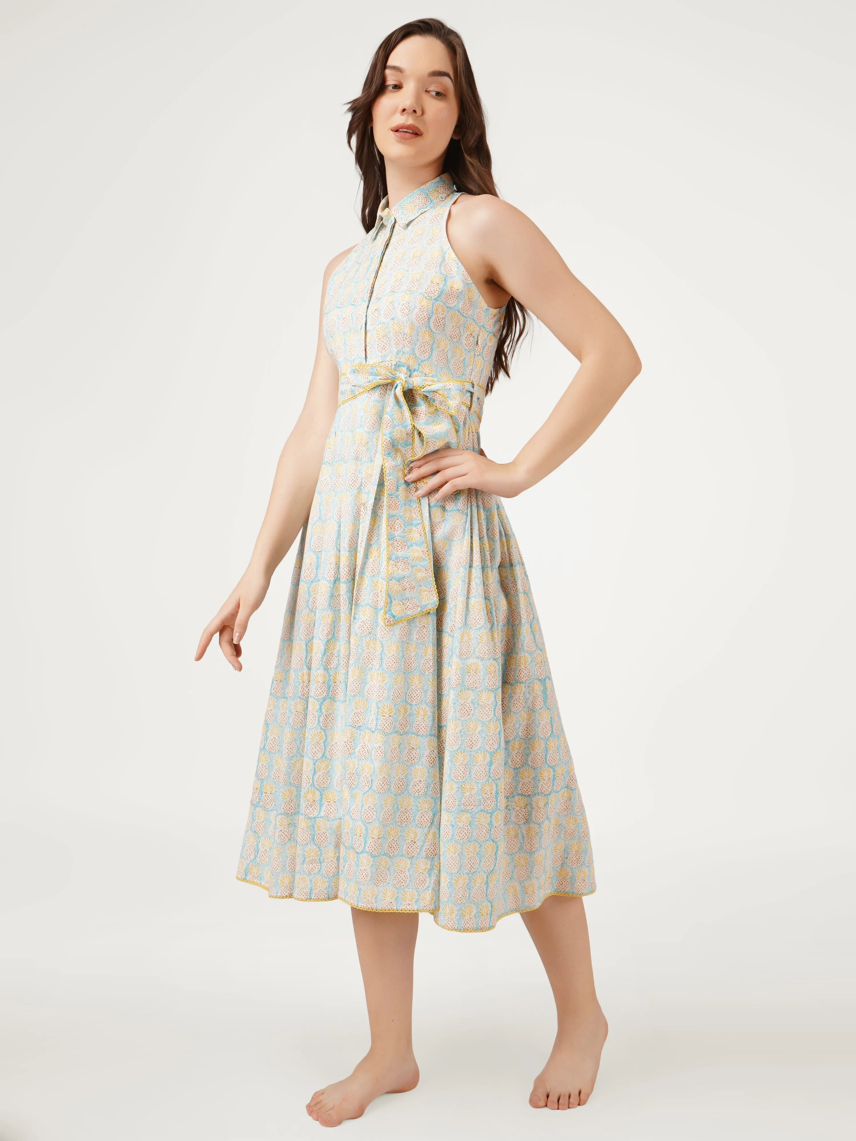 Blue Cotton Halter Collar Neck Dress
