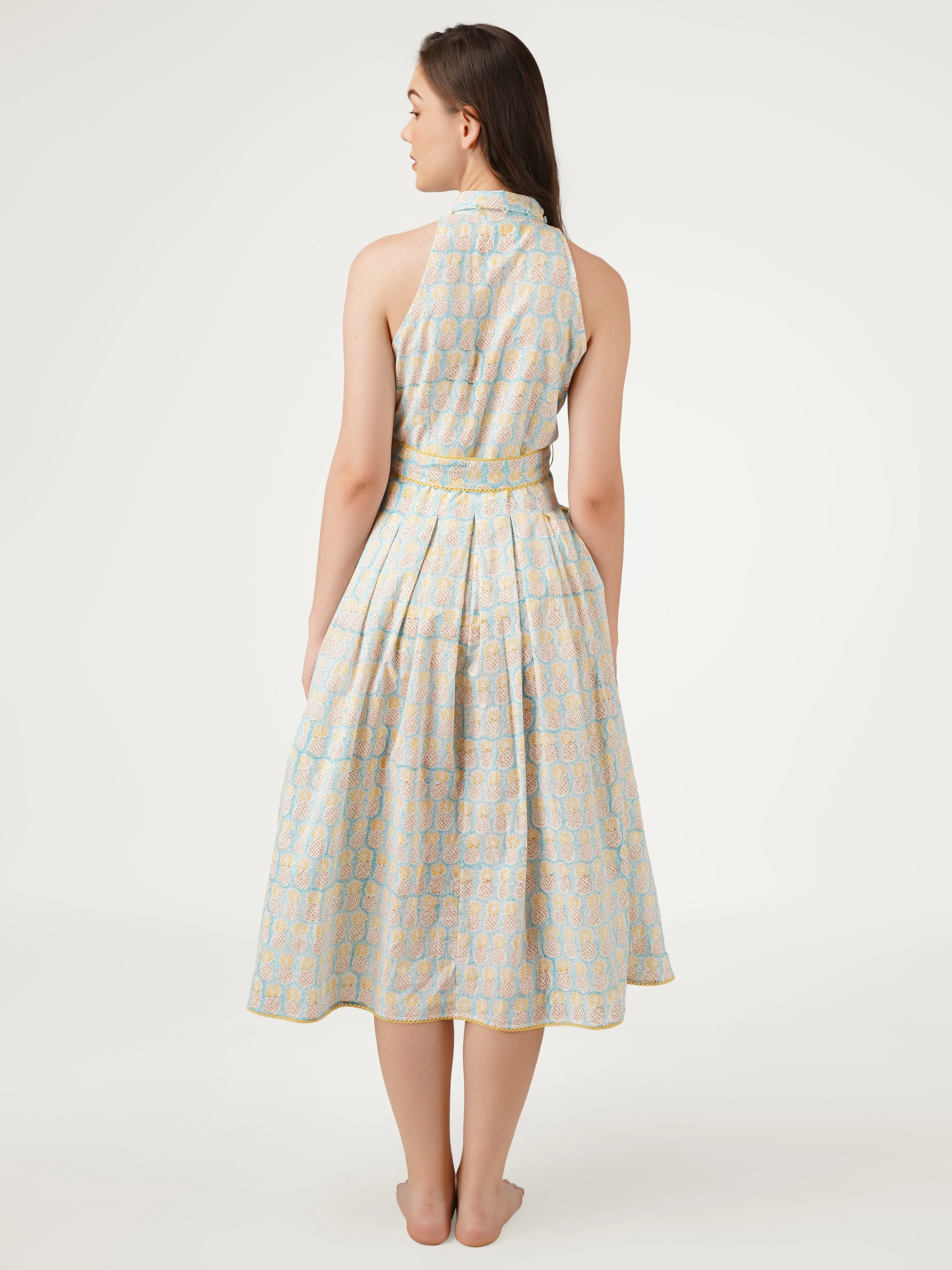 Blue Cotton Halter Collar Neck Dress