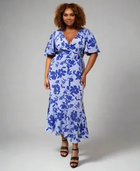 Blue Floral Wrap Midi Dress