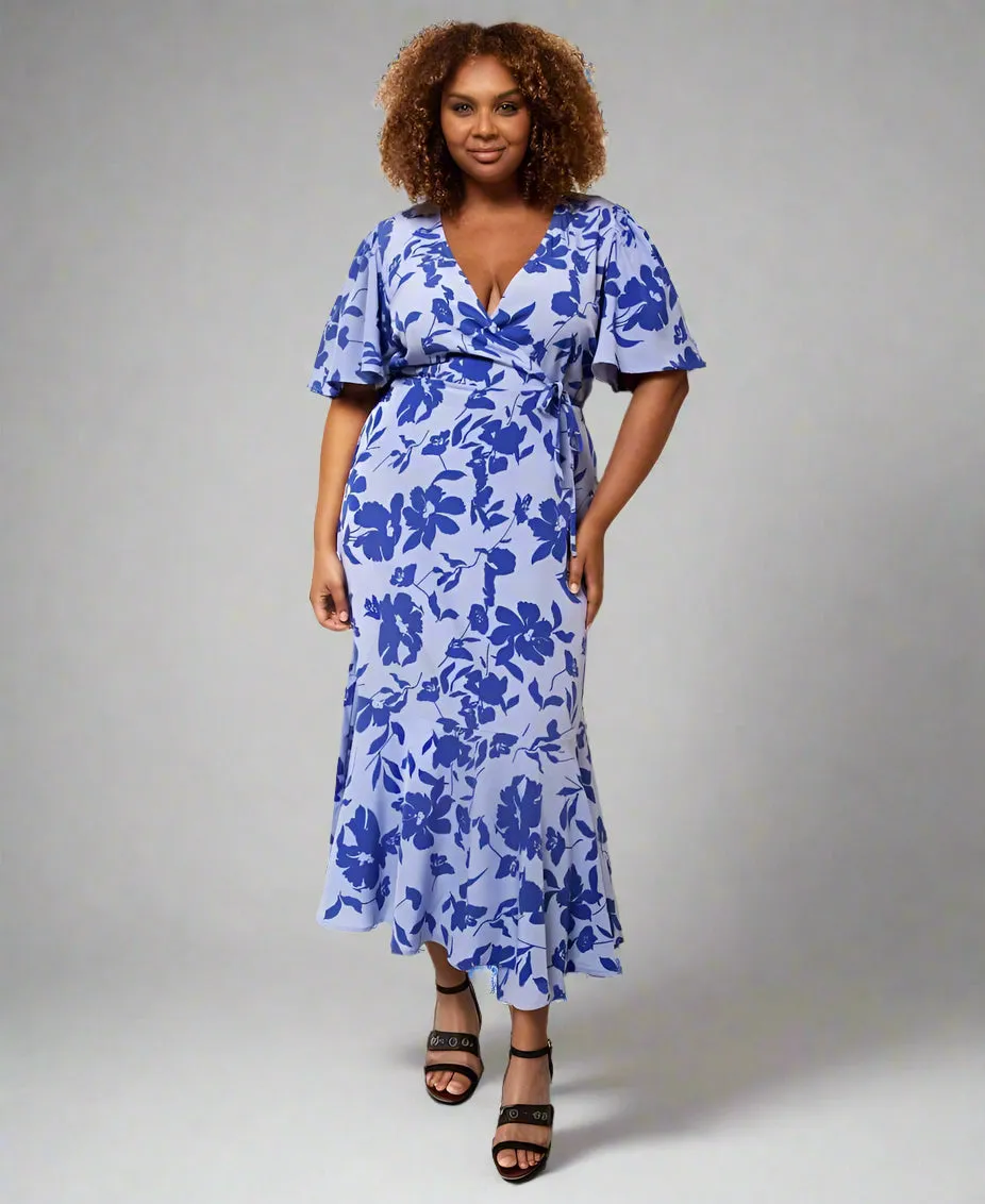 Blue Floral Wrap Midi Dress