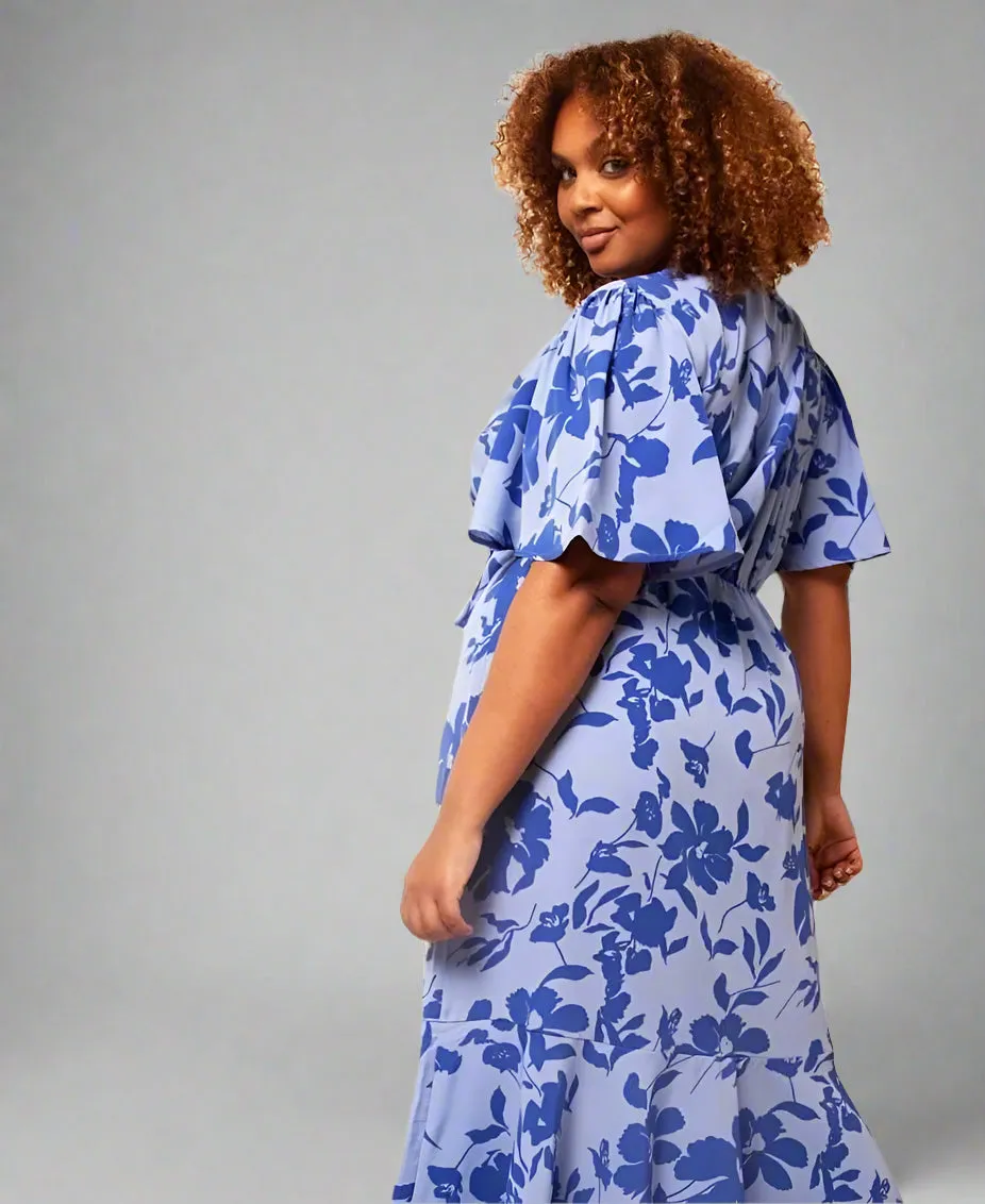 Blue Floral Wrap Midi Dress