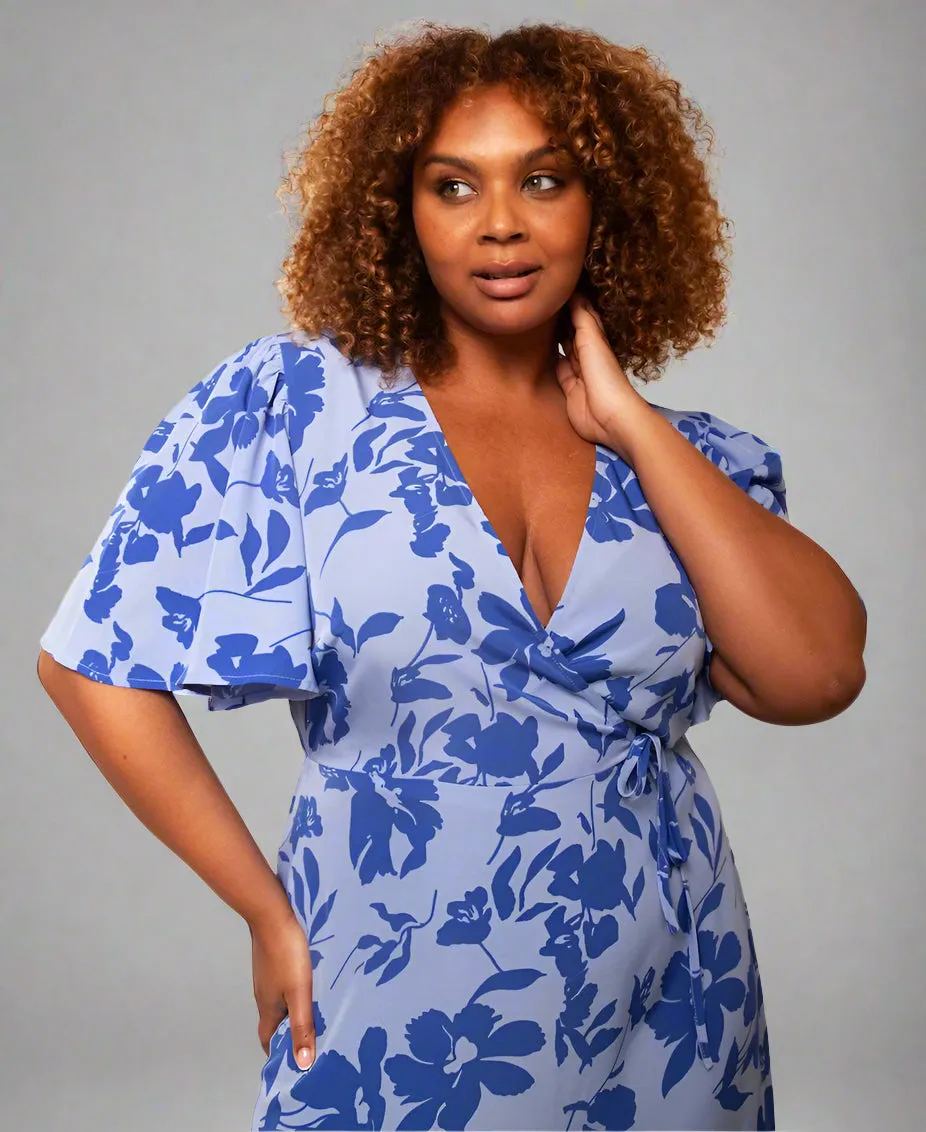 Blue Floral Wrap Midi Dress
