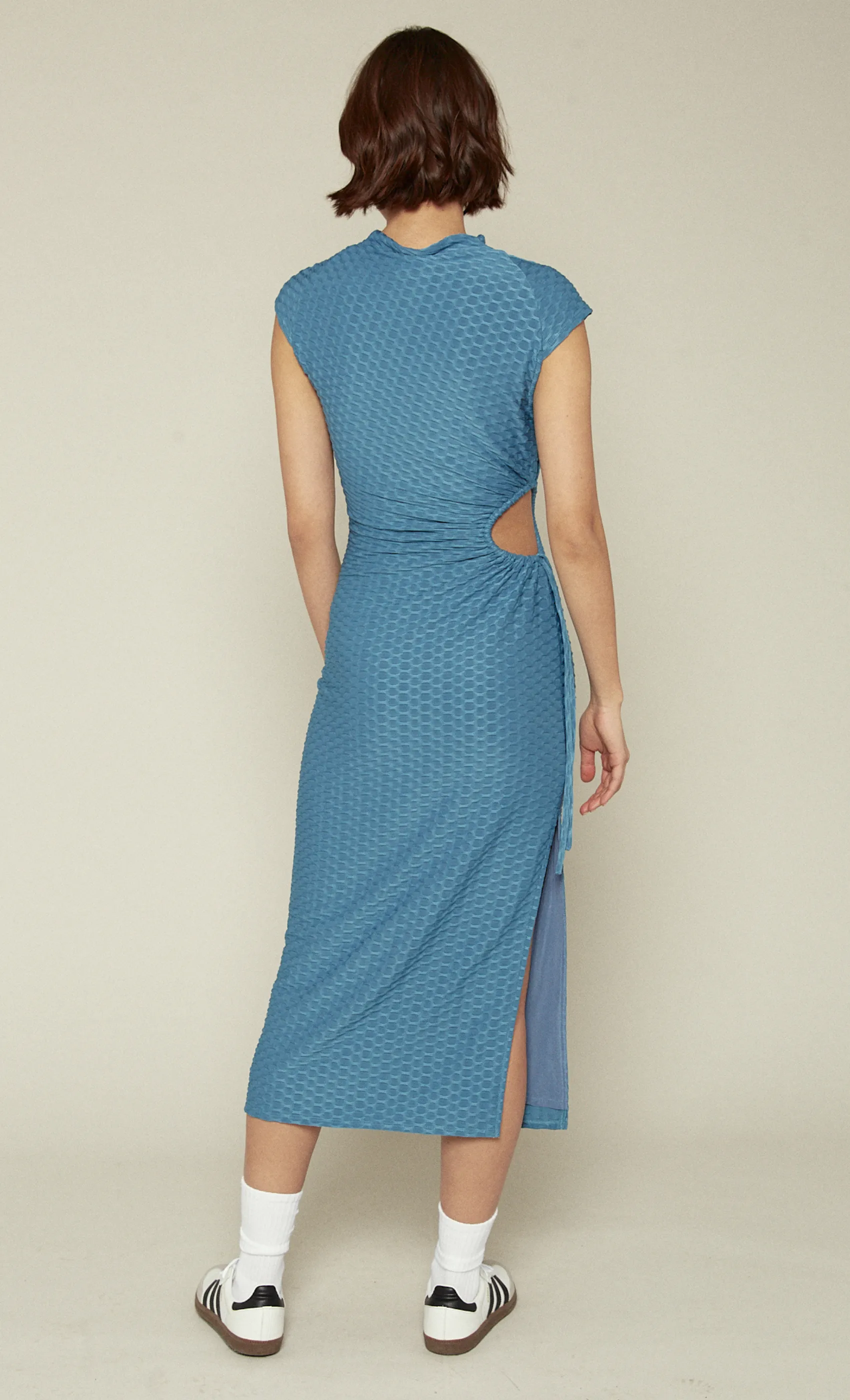 Blue Textured Drawstring Dress