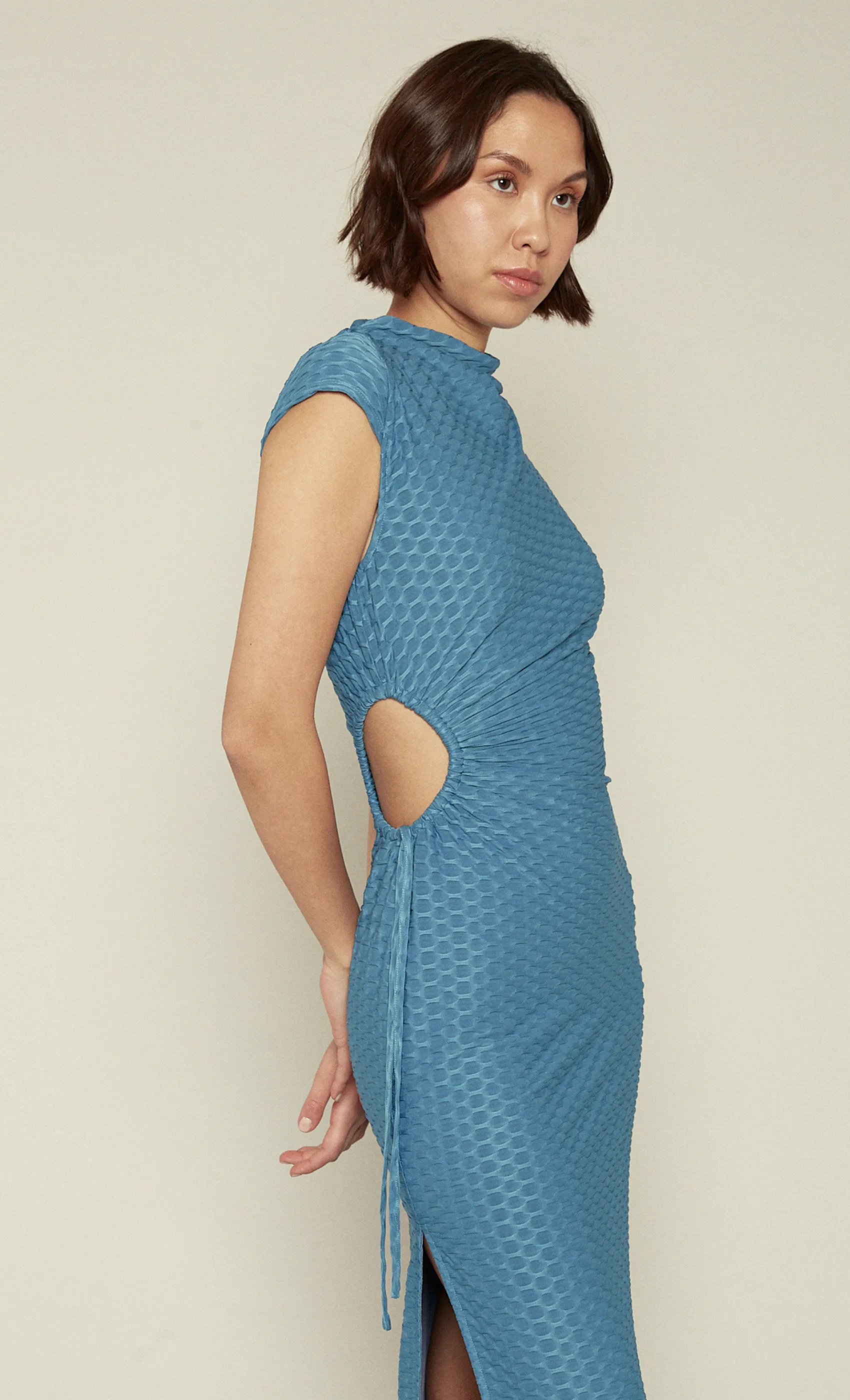 Blue Textured Drawstring Dress