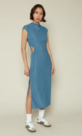Blue Textured Drawstring Dress
