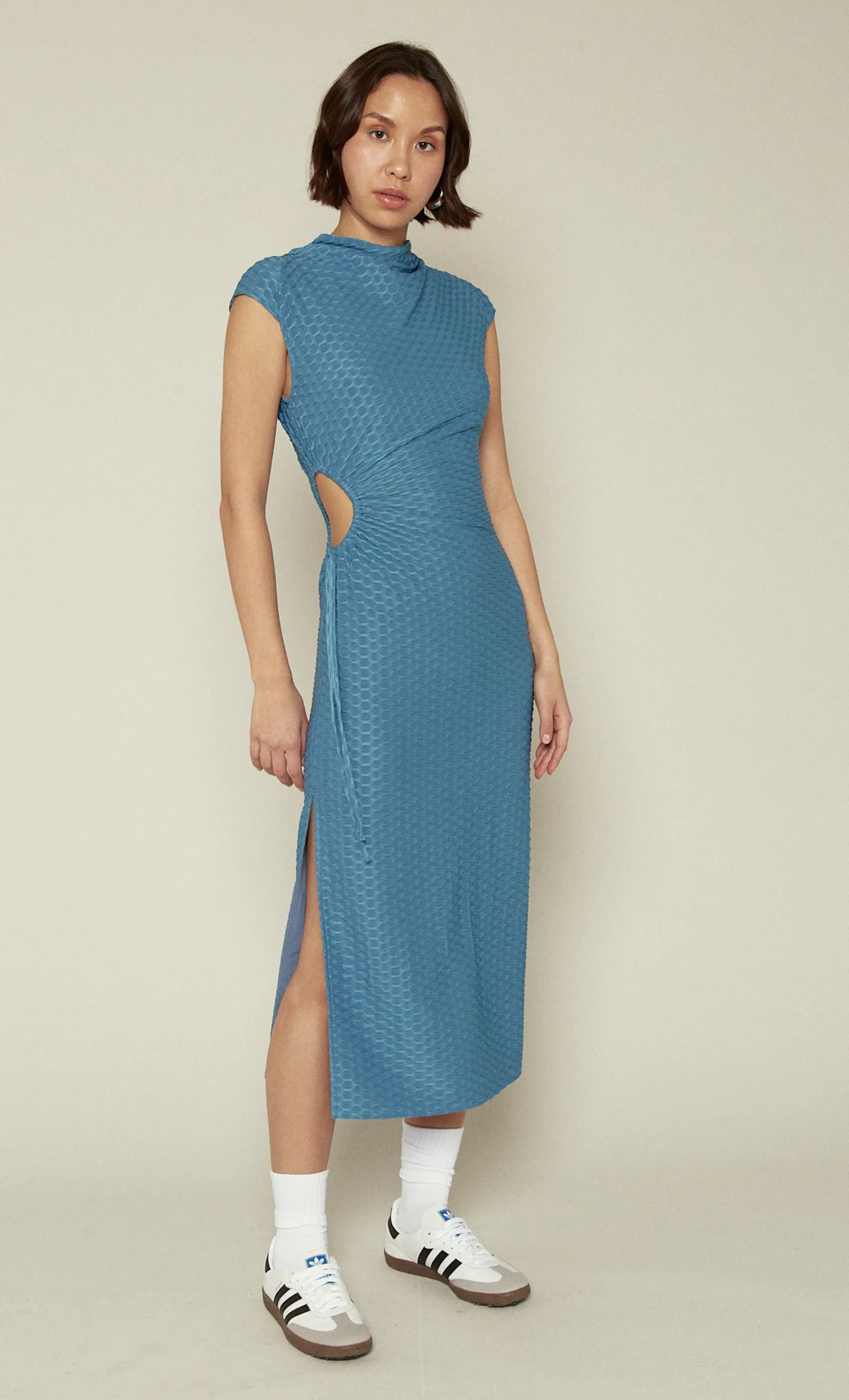 Blue Textured Drawstring Dress