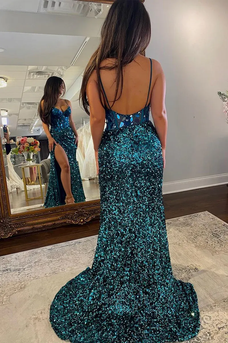 Blush Sequins Mermaid V Neck Prom Dresses