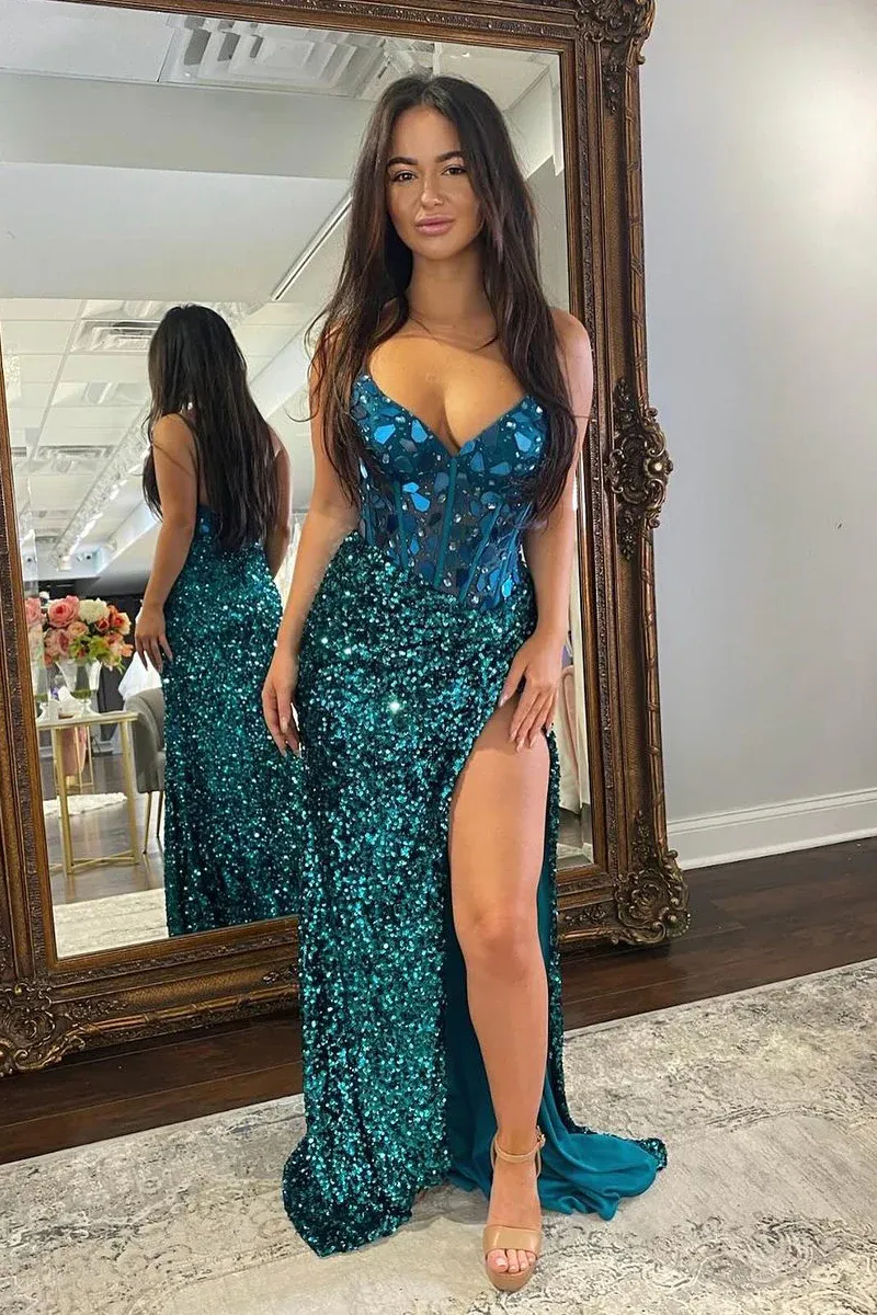 Blush Sequins Mermaid V Neck Prom Dresses