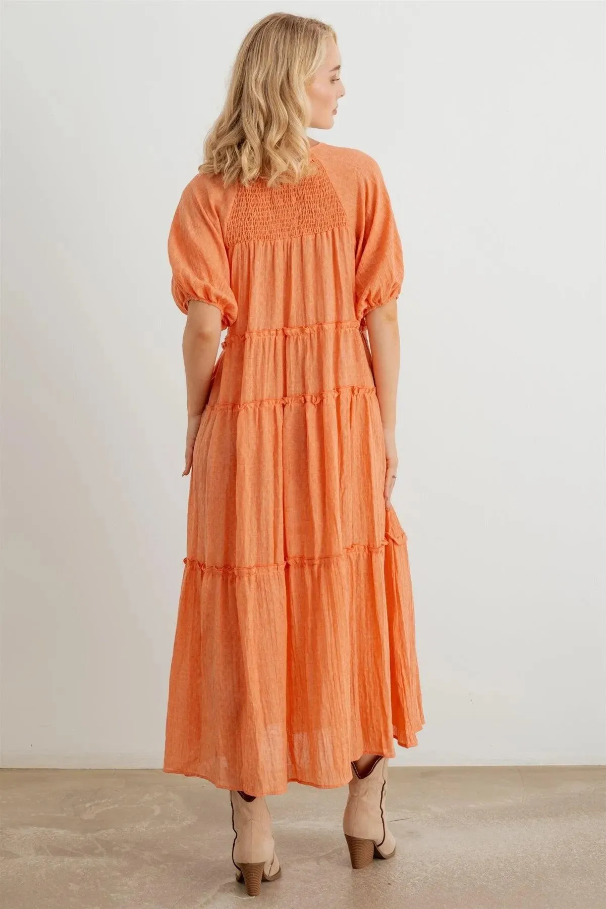 Bohemian Cotton Puff Short Sleeve Tie Neckline Smocked Maxi Dress
