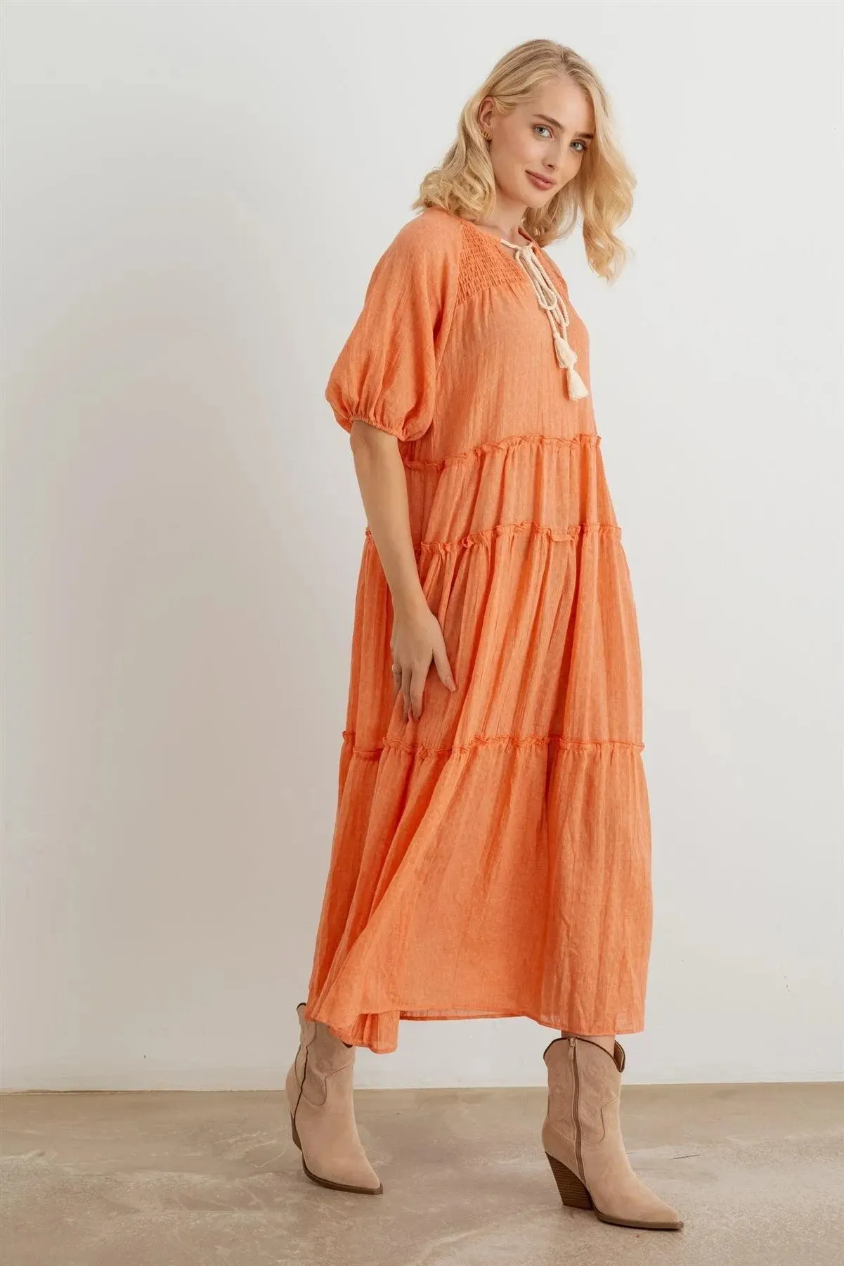 Bohemian Cotton Puff Short Sleeve Tie Neckline Smocked Maxi Dress