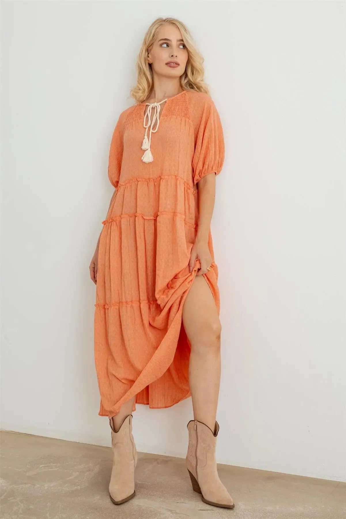 Bohemian Cotton Puff Short Sleeve Tie Neckline Smocked Maxi Dress