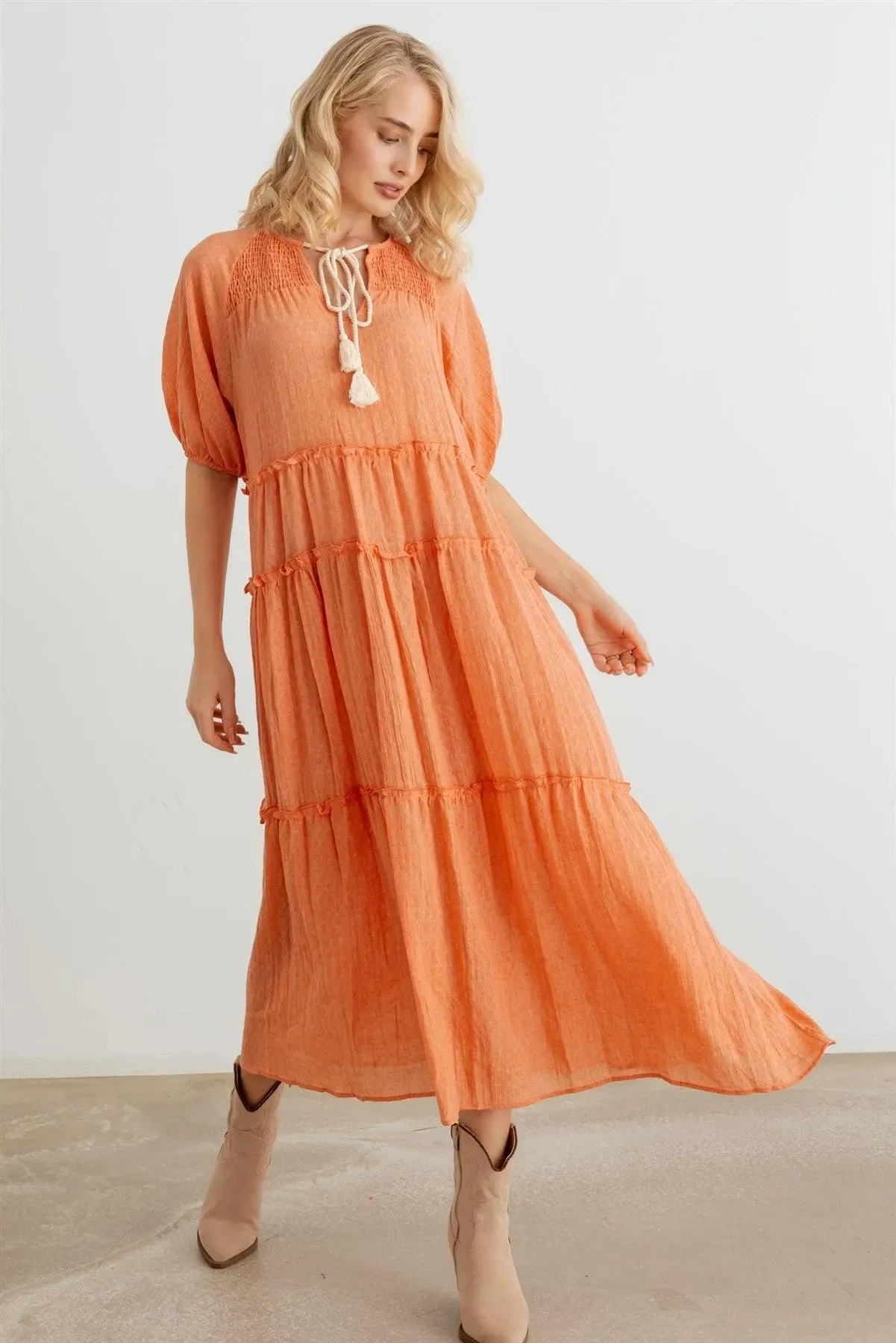 Bohemian Cotton Puff Short Sleeve Tie Neckline Smocked Maxi Dress