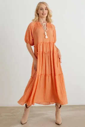 Bohemian Cotton Puff Short Sleeve Tie Neckline Smocked Maxi Dress