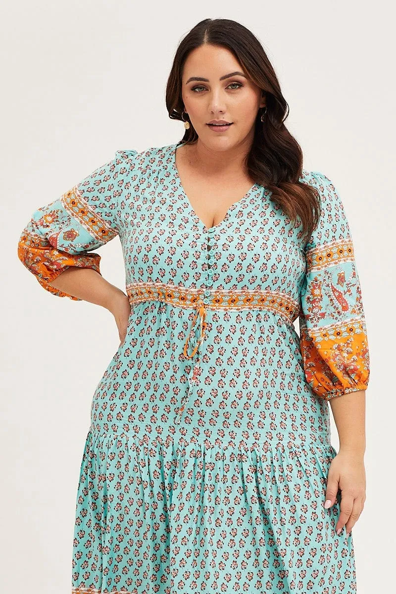 Boho Print Maxi Dress V-neck Long Sleeve