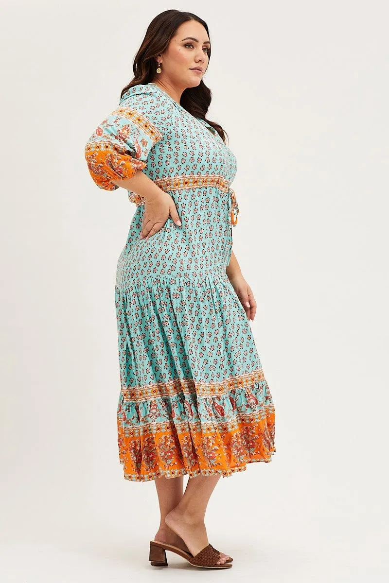 Boho Print Maxi Dress V-neck Long Sleeve