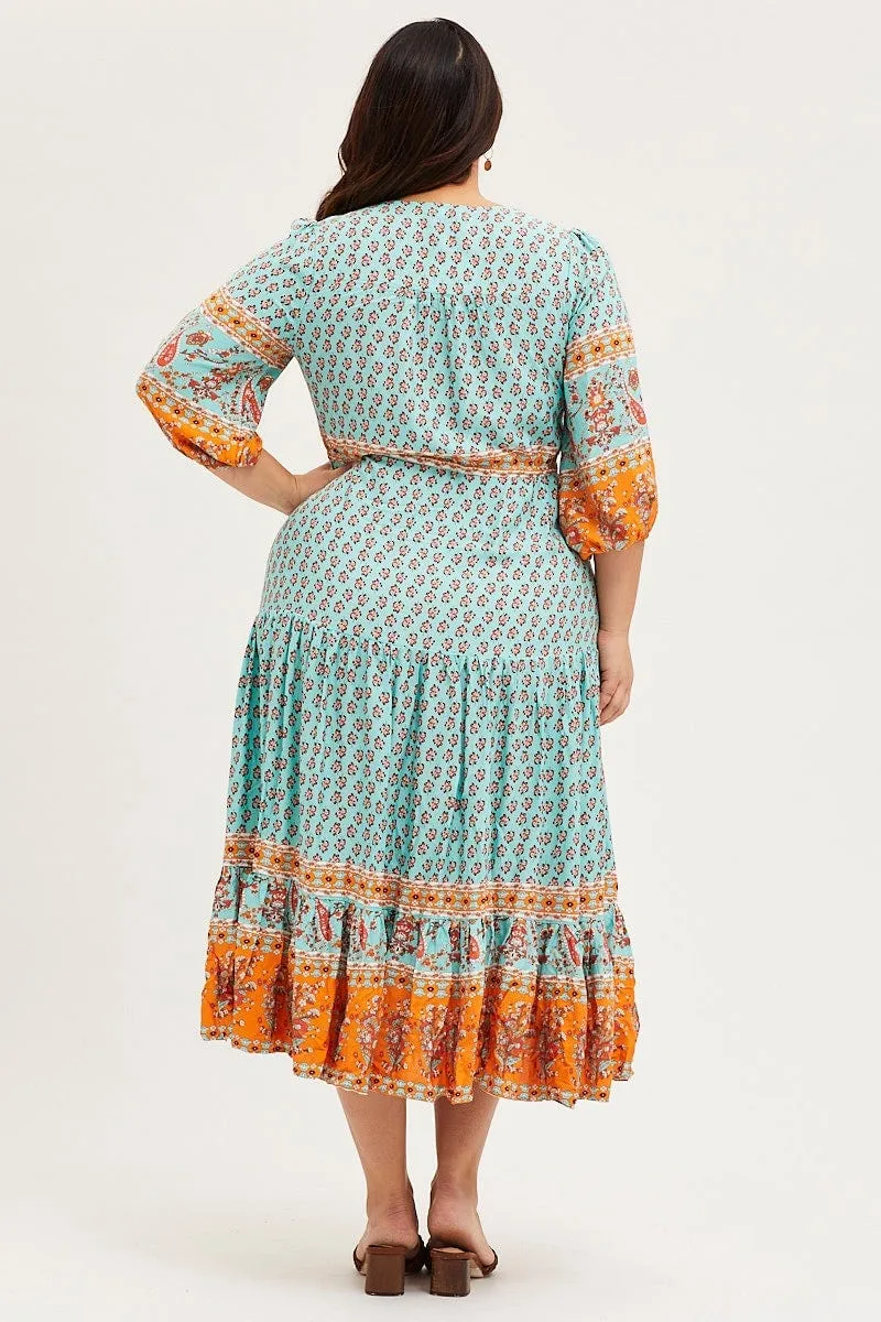 Boho Print Maxi Dress V-neck Long Sleeve
