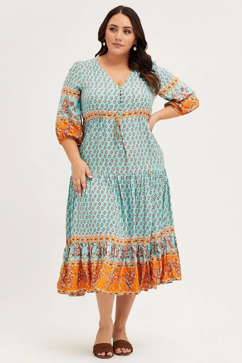 Boho Print Maxi Dress V-neck Long Sleeve