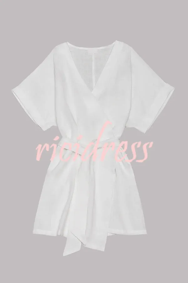 Breezy Retreat Cotton Linen Blend Pocketed Belt Kimono Mini Dress