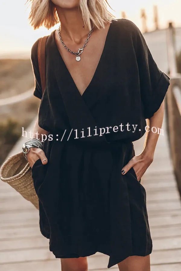 Breezy Retreat Cotton Linen Blend Pocketed Belt Kimono Mini Dress