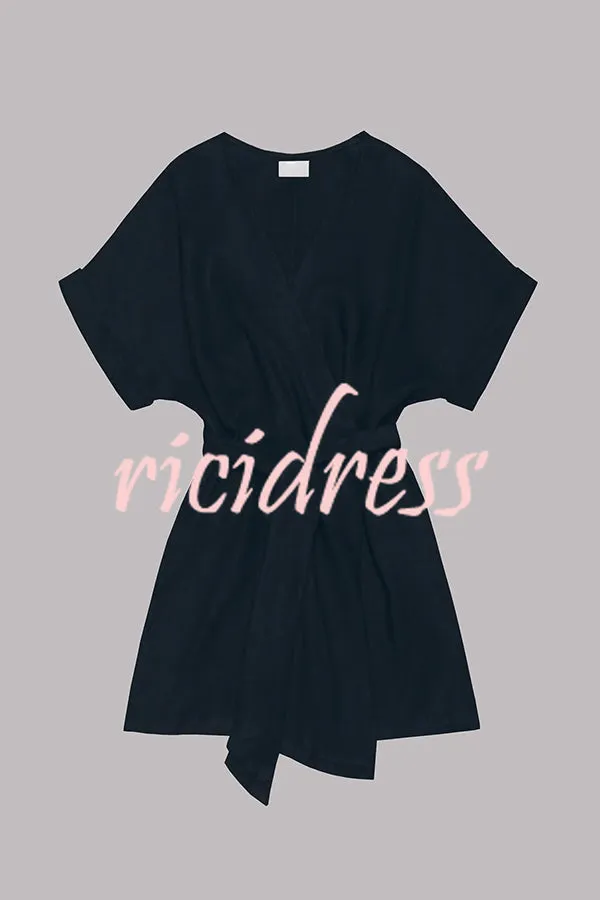 Breezy Retreat Cotton Linen Blend Pocketed Belt Kimono Mini Dress