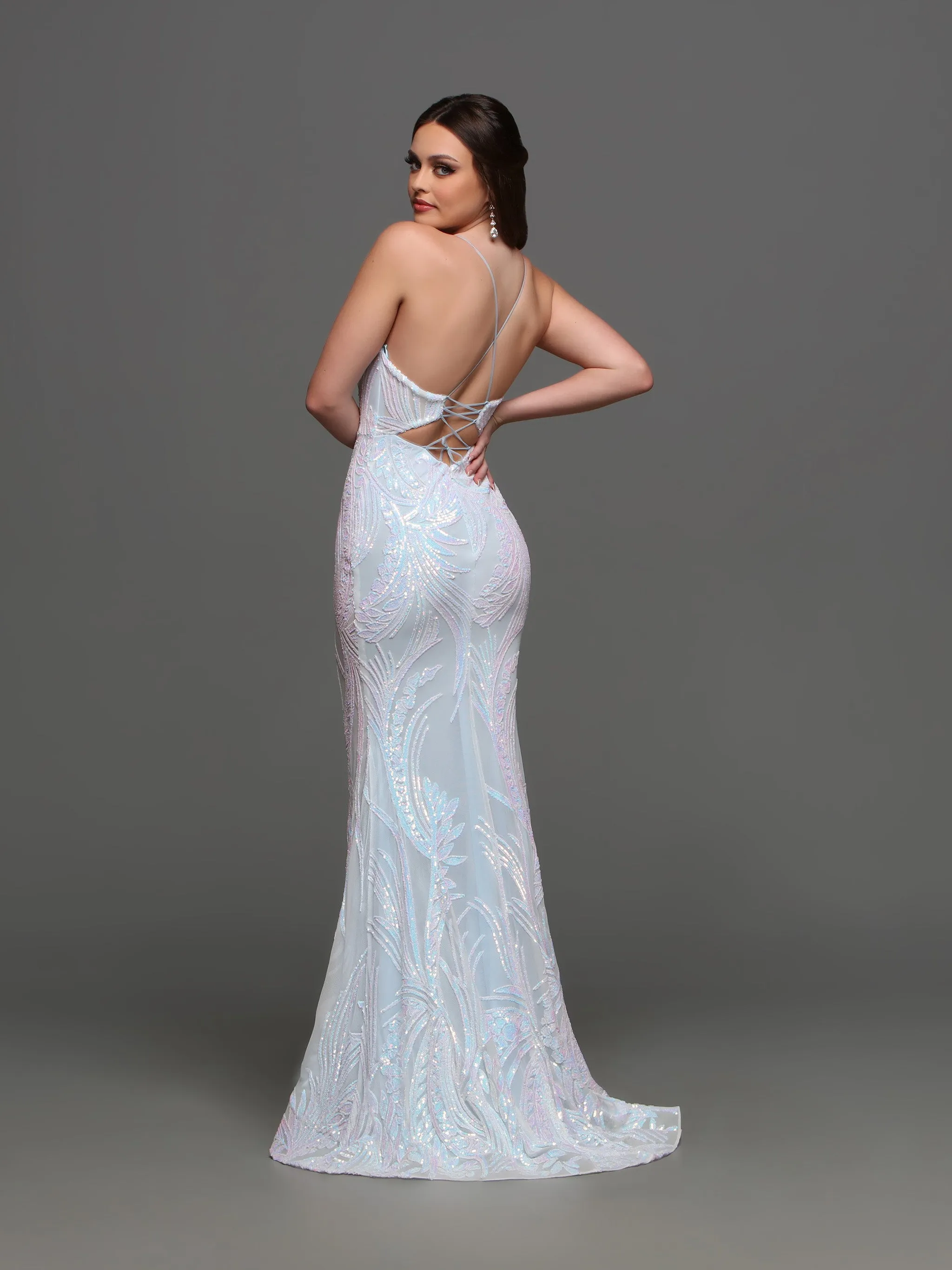 Candice Wang 72359 Fit & Flare Sequin Prom Dress Corset Back Sheer Illusion Slit Formal Gown