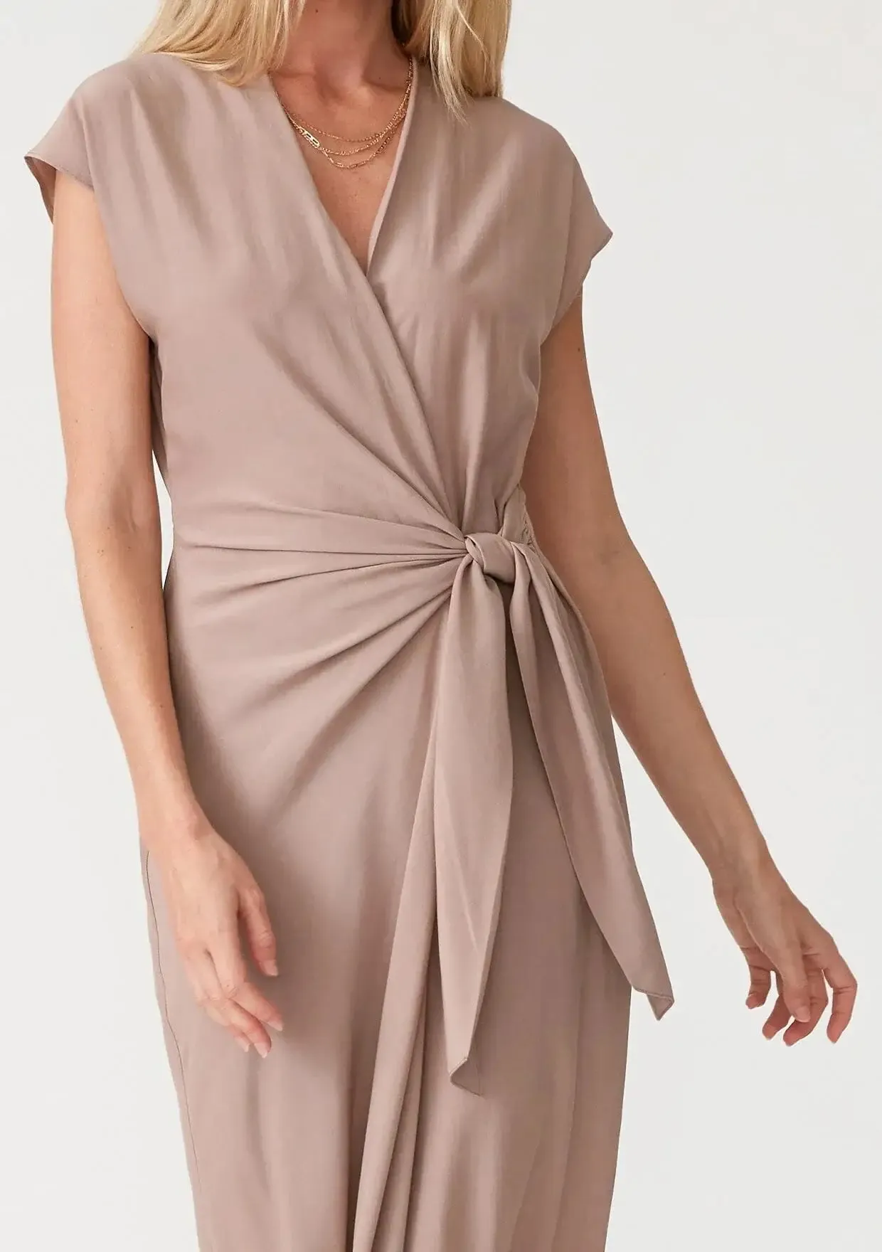 CAP SLEEVE MIDI WRAP DRESS