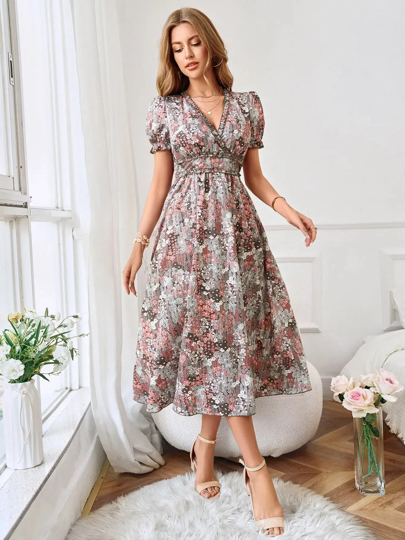 Coffee Color V Neck Floral Dress