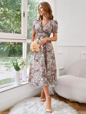 Coffee Color V Neck Floral Dress