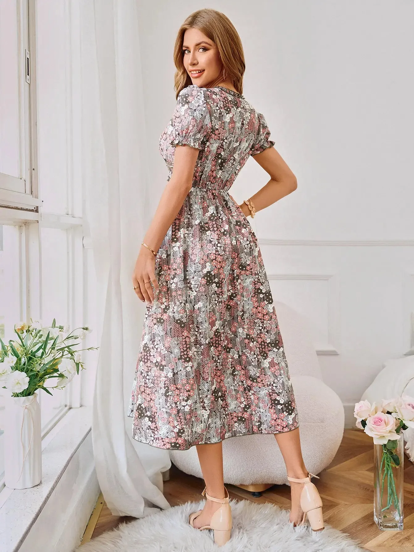 Coffee Color V Neck Floral Dress