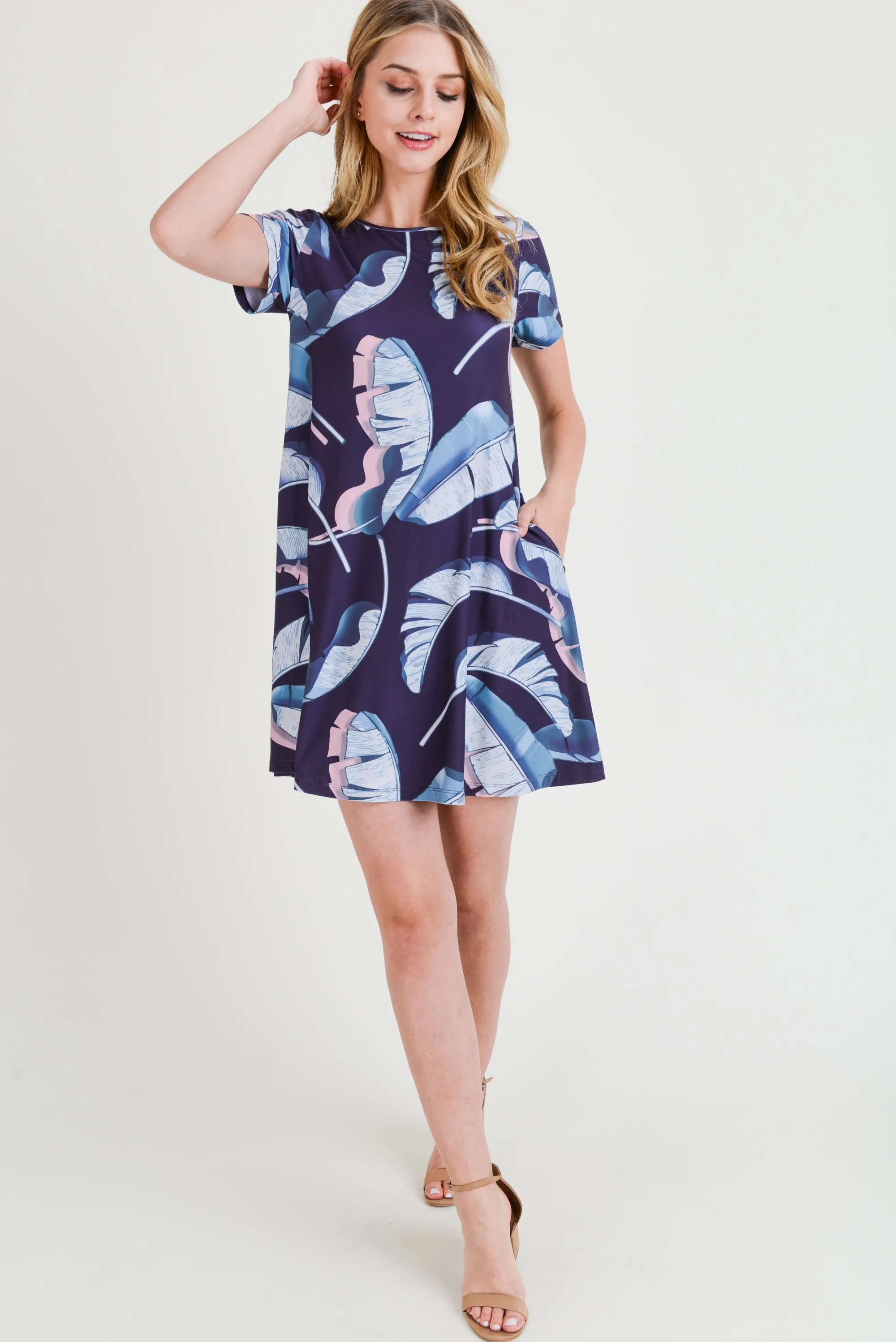 Cool Shades of Palm Leaves Short Sleeve Swing Dress