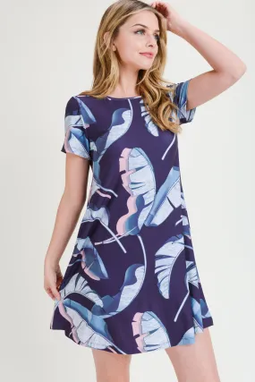 Cool Shades of Palm Leaves Short Sleeve Swing Dress