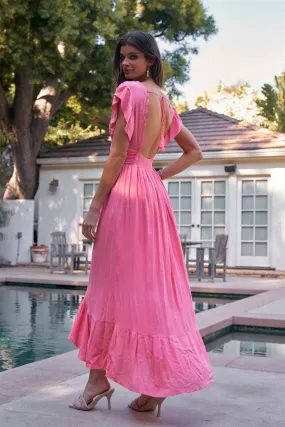 Coral Pink Frill Sleeve V-Neck Crochet Trim Open Back Detail Smocked Gathered Waist Ruffle Trim Maxi Dress /2-2-2