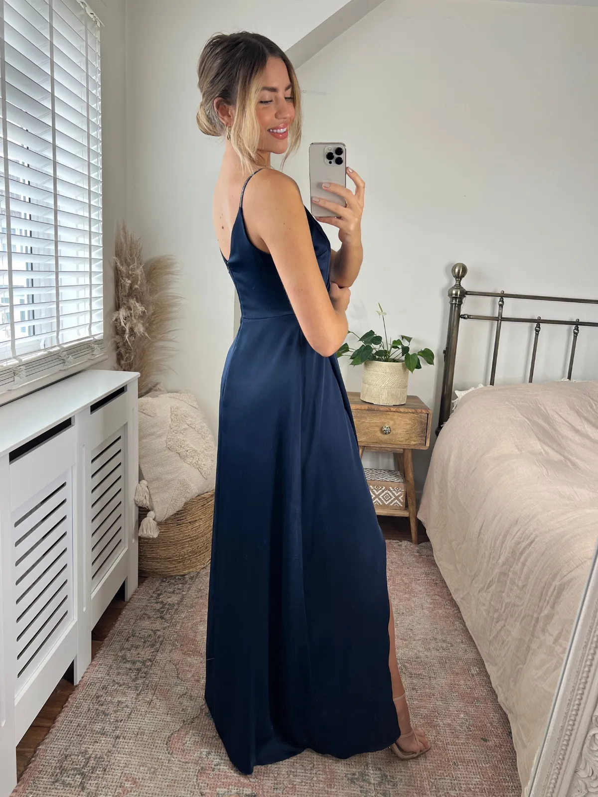 Diamante Strap Maxi Satin Dress / Navy