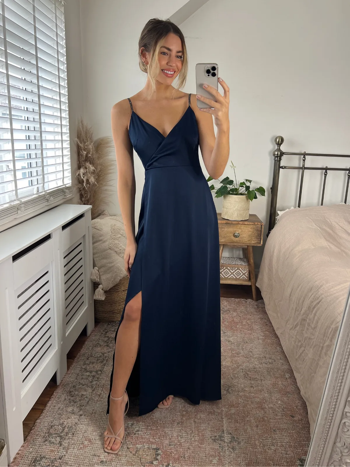 Diamante Strap Maxi Satin Dress / Navy