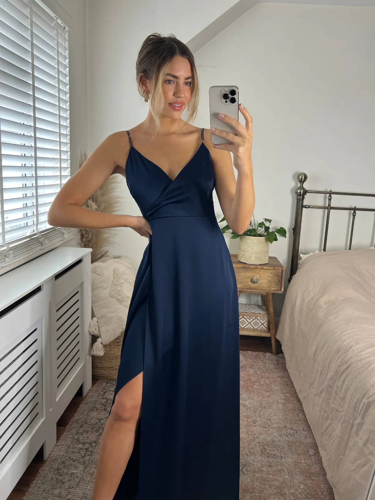 Diamante Strap Maxi Satin Dress / Navy