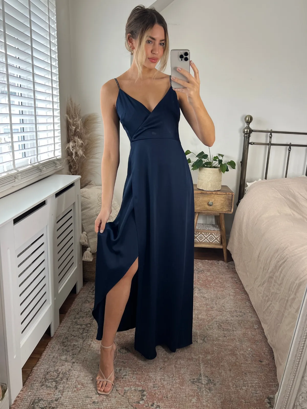 Diamante Strap Maxi Satin Dress / Navy
