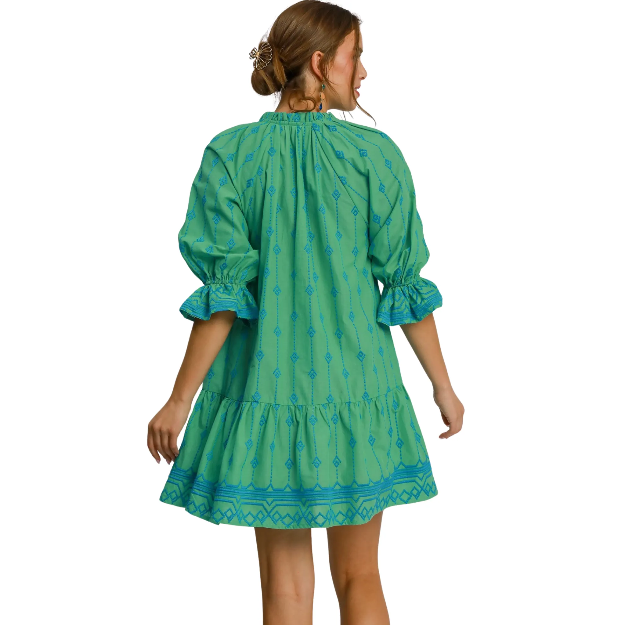 Embroidered Split Neck Dress