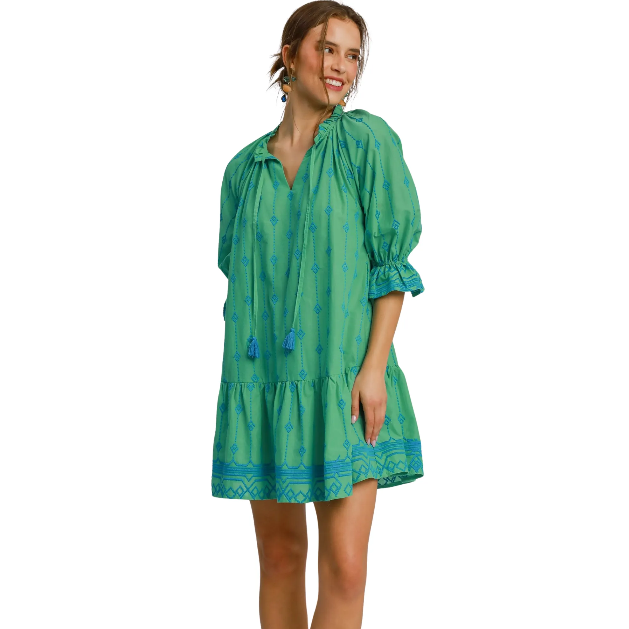Embroidered Split Neck Dress