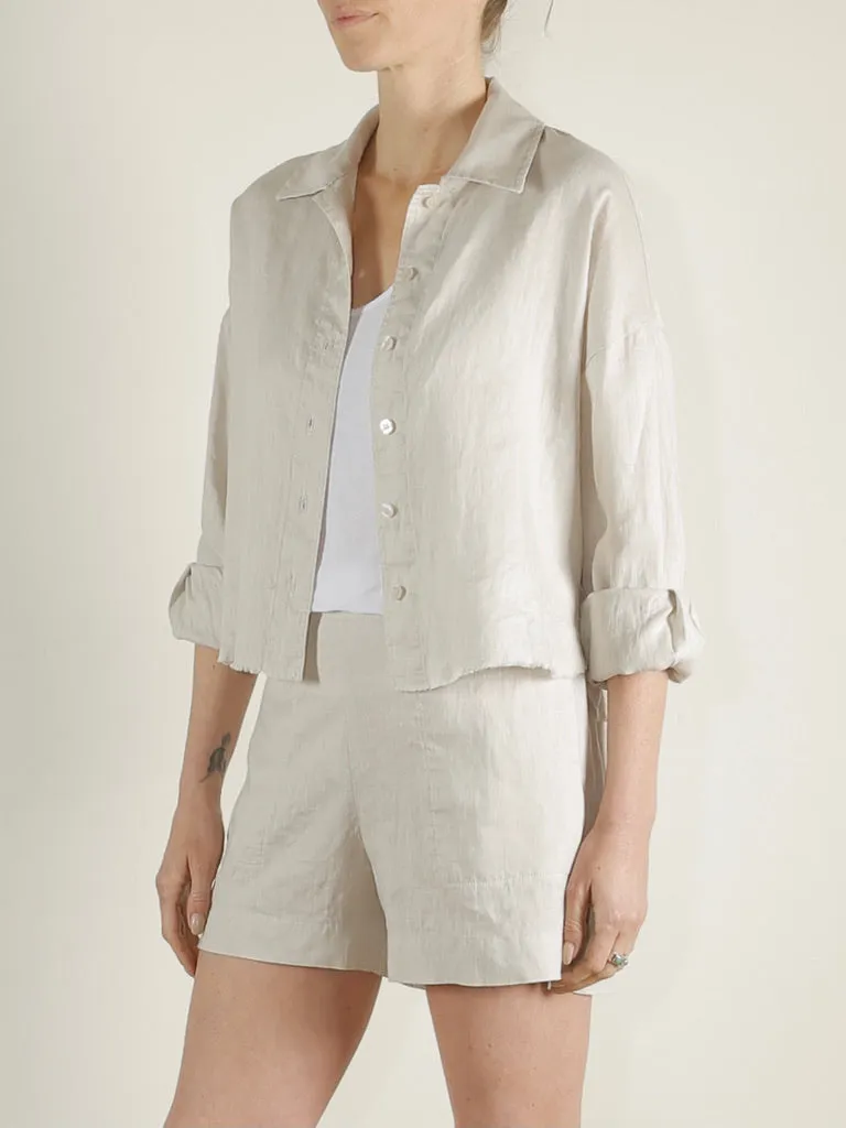 Esme Crop Shirt in French Linen - Cement