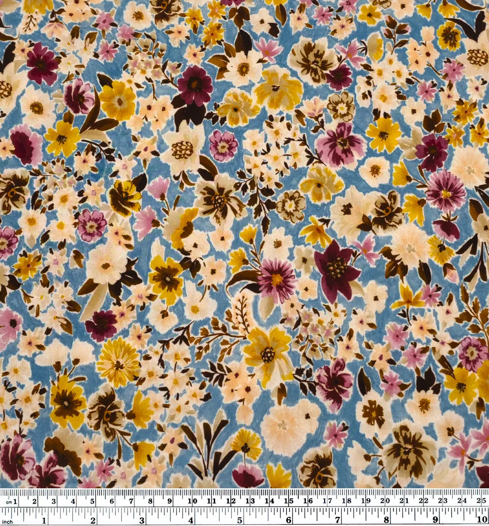 Flower Shop Printed Viscose Challis - Pacific/Blush/Citron