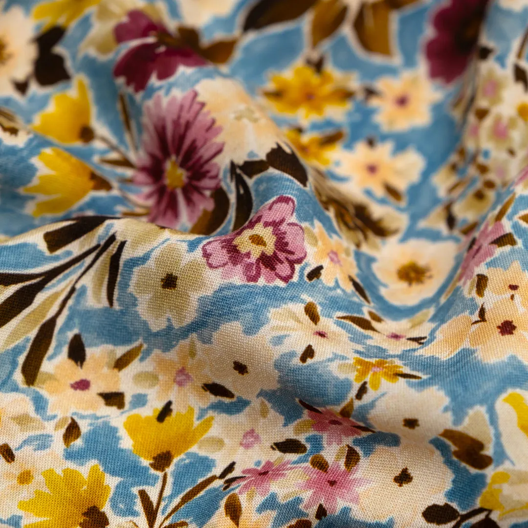 Flower Shop Printed Viscose Challis - Pacific/Blush/Citron