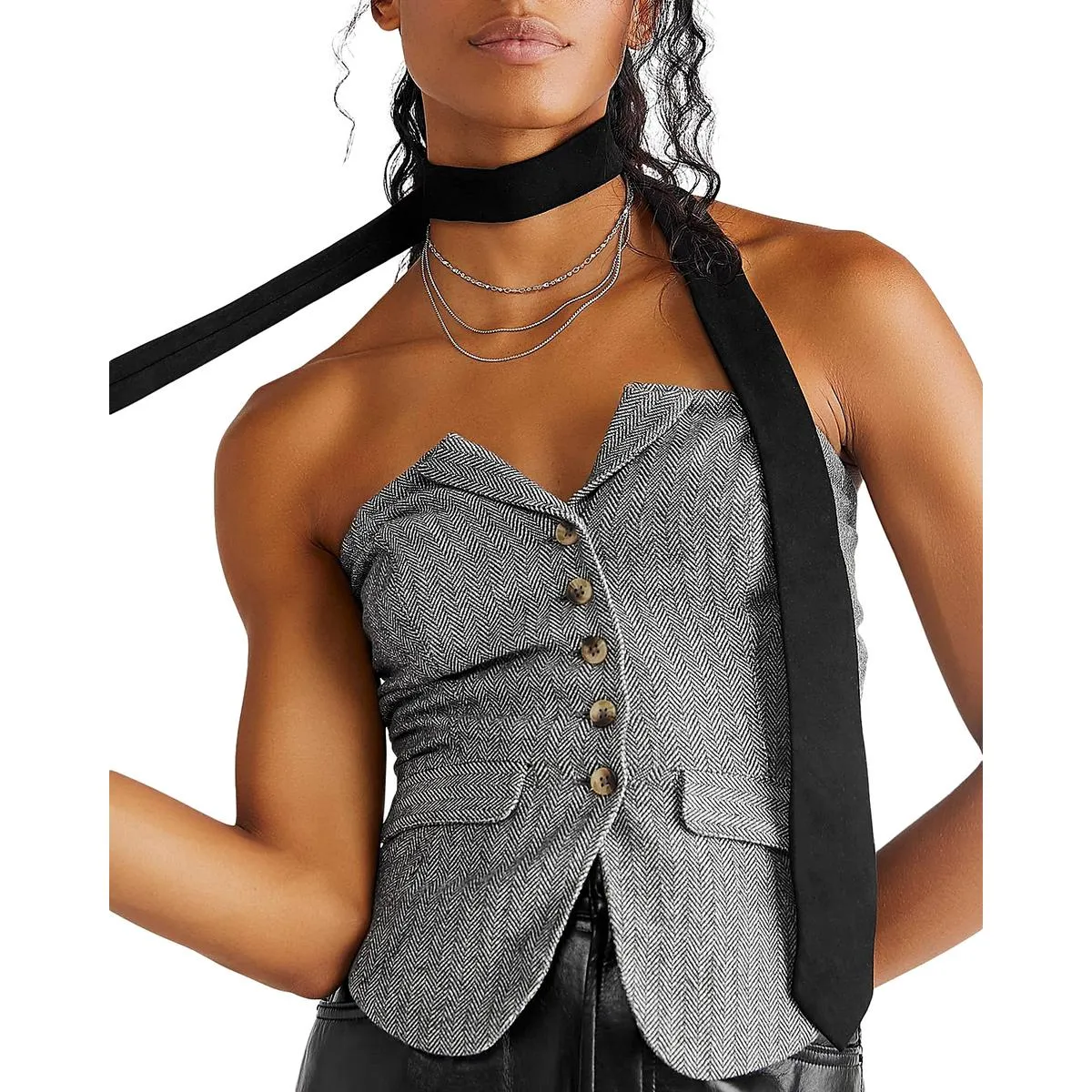 Free People Womens Jamie Herringbone Blazer Strapless Top